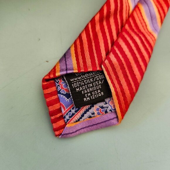 Ted Baker London Red Orange Purple Silk Striped Paisley Tie Necktie Made in USA - Picture 7 of 8